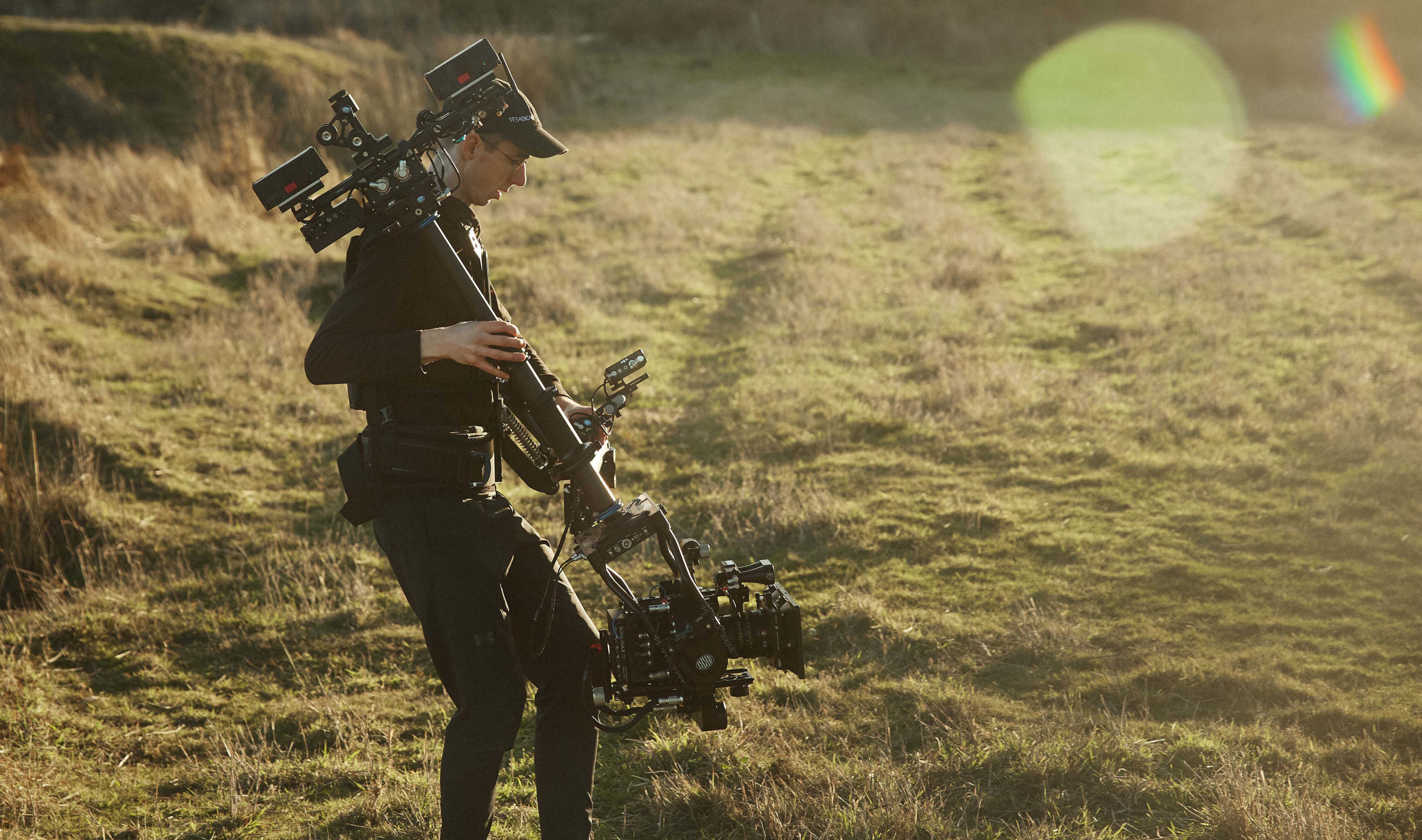 A key feature of the Trinity is that it allows for the camera height to be changed significantly within a shot. Here the operator is able to put the camera close to the ground while maintaining a stable and comfortable stance.